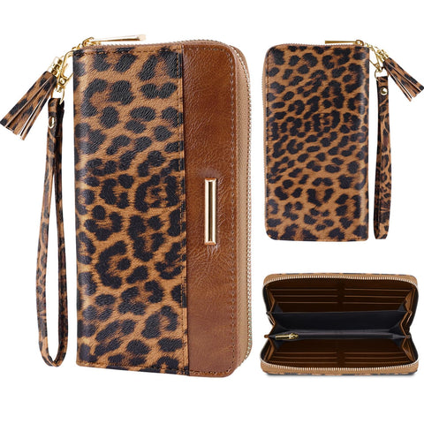 Coco Rossi Wallets for Women PU Leather Card Holder Organizer Ladies Clutch with Tassel Wristlet Wrist strap, Brown Leopard, long purse