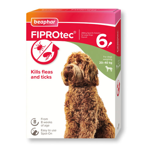 Beaphar | FIPROtec Spot-On for Large Dogs (20-40kg) | Kills Fleas & Ticks | Vet Strength Treatment | 6 Pipettes