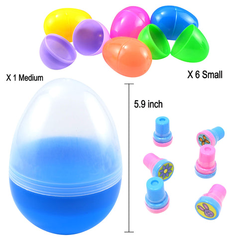 JOYIN Prefilled Jumbo Easter Egg Toy Set with Easter Plush Bunny, Bunny Ear Headband, 6 Easter Stampers and Different Sizes of Easter Eggs for Kids Easter Egg Hunt Filler Stuffer, Easter Party Favor