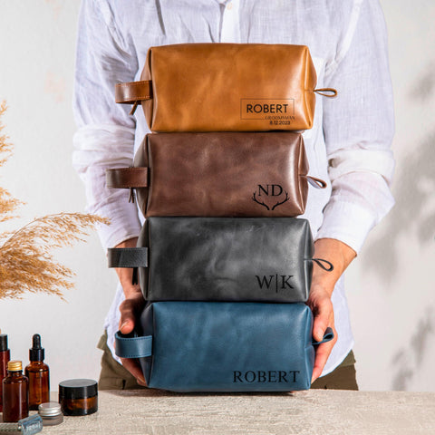 Personalized Leather Toiletry Bag for Men - Genuine Leather Dopp Kit, Perfect Gift for Groomsmen, Fathers Day, Wedding, Anniversary - Handcrafted Toiletry Bag