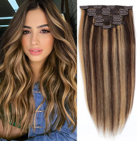 15inch Clip in Human Hair Extensions 8pcs 100g Silky Straight-100% Remy Human Hair Double Lace Weft Highlighted Color Seamless Clip in Hair Extensions for Women (15 Inch-100g, P4/27)