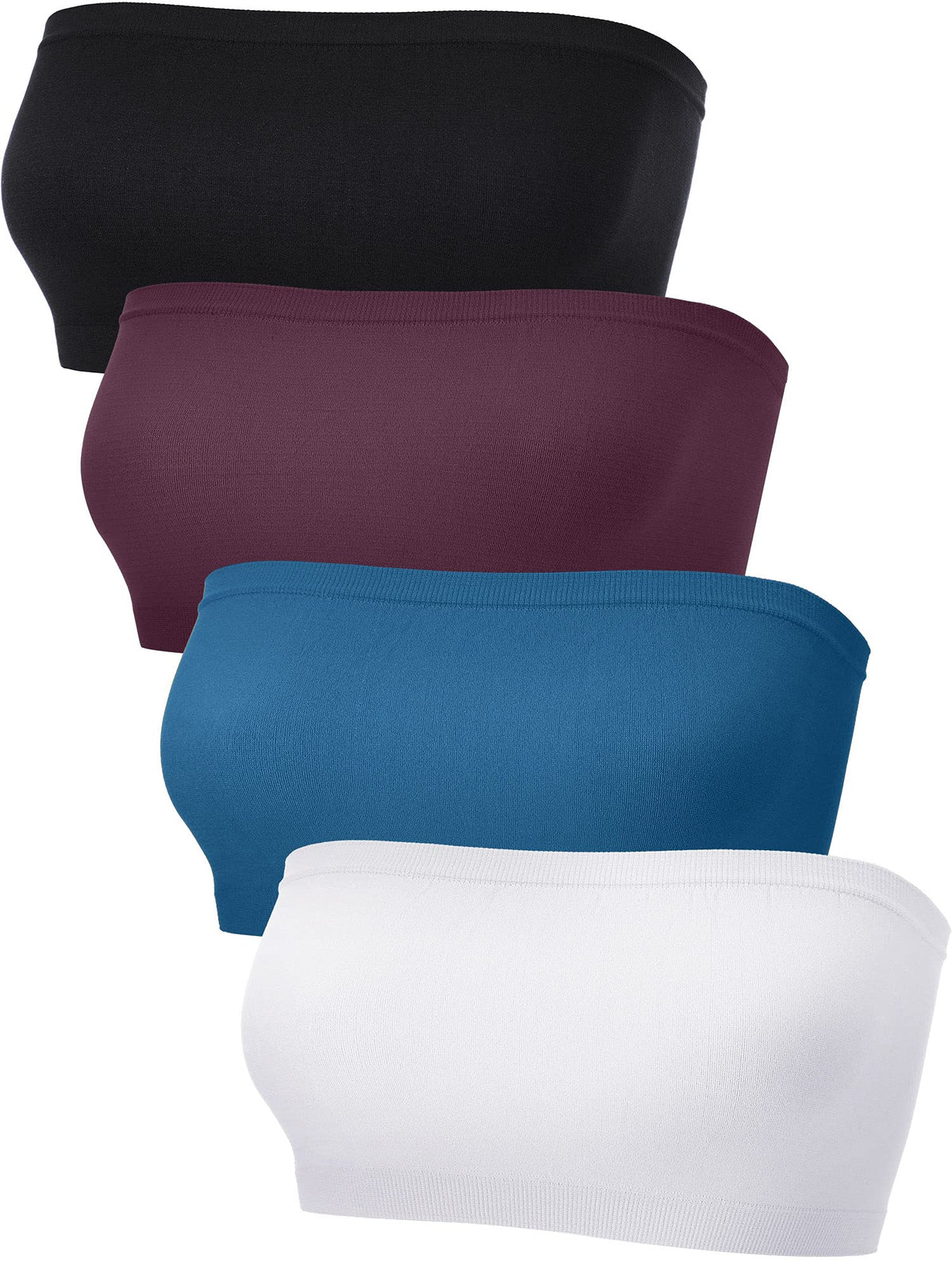 4 Pieces Women's Bandeau Bra Strapless Bralette Seamless Bandeau Non-Padded Stretch Top Bra(DarkBlue,DarkRed,White,Black,X-Large)