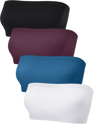 4 Pieces Women's Bandeau Bra Strapless Bralette Seamless Bandeau Non-Padded Stretch Top Bra(DarkBlue,DarkRed,White,Black,X-Large)