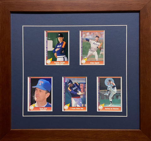 Trading Card Frame for 5 Standard Trading Cards Walnut Frame with Matting and Card Mounts (Navy Blue White Trim Mat - Walnut Frame)