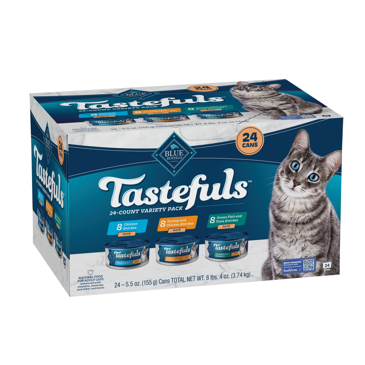 Blue Buffalo Tastefuls Natural Pate Wet Cat Food Variety Pack, Chicken, Turkey & Chicken and Ocean Fish & Tuna 5.5-oz Cans (24 Count - 8 of Each)