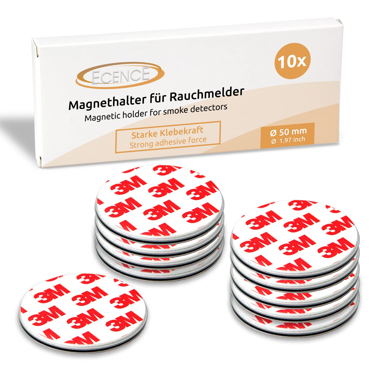 ECENCE 10pcs Magnetic Smoke Detector Mount Magnetic Adhesive Pads For Smoke Alarms Ø 50mm - Fast & Safe Mounting - No Drilling Or Screws - Fire Protection - Installation Tool