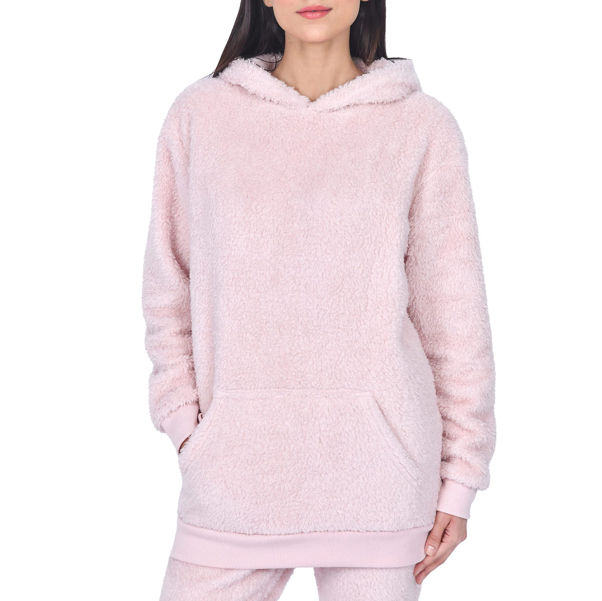 Sleepdown Women's Ladies Luxury Teddy Fleece Hoodie Sweatshirt Hooded Top Fluffy Warm Soft Cosy Pullover Jumper, Blush Pink, L