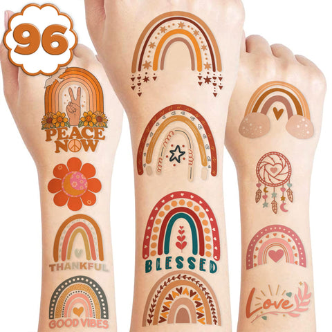 Boho Rainbow Temporary Tattoos Birthday Party Supplies Decorations 96 PCS Tattoos Stickers Bohemian Cute Party Favors Kids Boys Girls Gifts Ideas Classroom School Prizes Themed