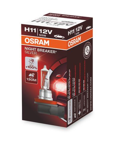 OSRAM NIGHT BREAKER SILVER H11, +100% more brightness, halogen headlamp, 64211NBS, 12V, passenger car, folding box (1 lamp)