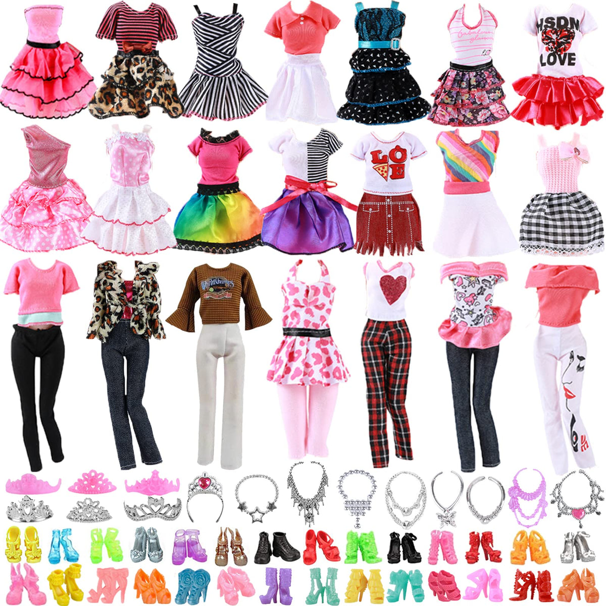 28 PCS Doll Clothes and Accessories Set, 3 Dresses 3 Fashion Clothes 10 Shoes 12 Jewelry Accessories, Fashion Outfits Girls Birthday Gifts Compatible with 11.5 Inch Barbie Dolls(Random Style)