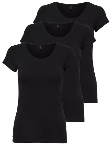 Only 15209153 Women's Short Sleeve T-Shirt Long Basic Summer T-Shirts XS S M L XL Pack of 3, black, Large