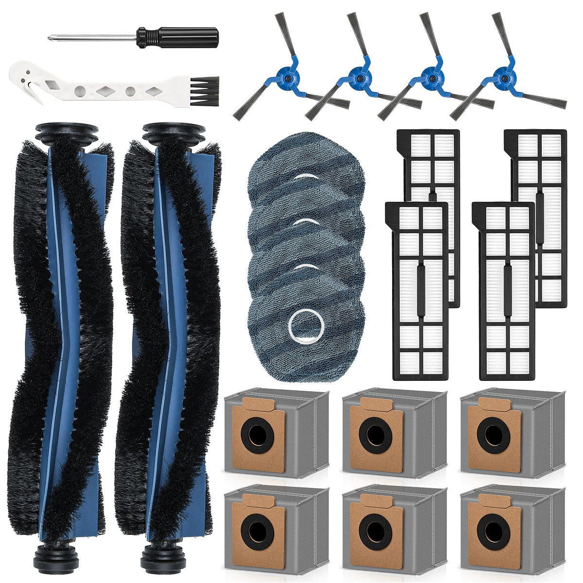 22 Pack Replacement Accessories for eufy X10 Pro Omni Robot Vacuum Cleaner, 2 Main Brush 4 Filter 6 Dust Bag 4 Mop Pads 4 Side Brush 1 Cleaning Brush 1 Screwdriver
