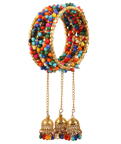 Touchstone New Indian Bollywood Beautiful Beaten Metal Beads Multi Color Glass Beads Trendy Hangings Wrist Enhancer Openable Cuff Bracelet in Gold Tone for Women.