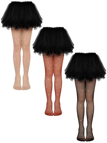 Geyoga 3 Pcs Girls Rhinestone Tights Sparkle Fishnet Kids Bling Mesh Stockings Glitter Hollow out Pantyhose (Black, Nude, Caramel,Small, 90-125 cm)
