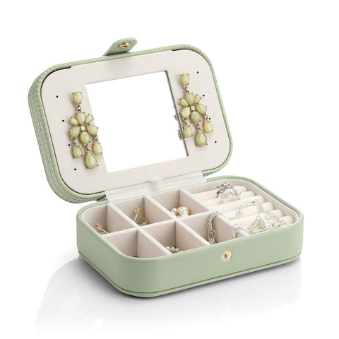 Vlando Travel Jewelry Case Box Women PU Leather 2 Layer Jewelry Organizer Holder for Necklace Earring Rings-Green