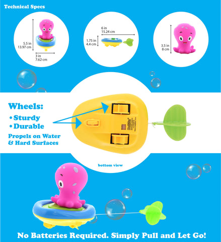 DolliBu Sea Life Boat Racers Bundle Set of 4 - 3-in-1 Bath Toy Pull & Go Floating Water & Floor Racing Finger Puppet for Pool, Bathtub & Outdoor - Shark, Octopus, Sea Turtle, Orange Reef Fish - 4 Pack