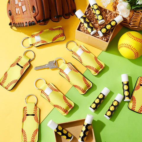 Swiffen 18 Sets Natural Bulk Lip Balm and Moisturizing Lipstick Holder Keychains Set Gift for Team Teen Girls Boy Sports Party Supply (Softball)
