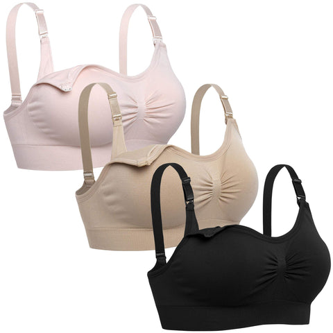 Lataly Womens Seamless Nursing Bra Sleeping Maternity Bralette for Breastfeeding Pack of 3, Black Beige Pink, XXL