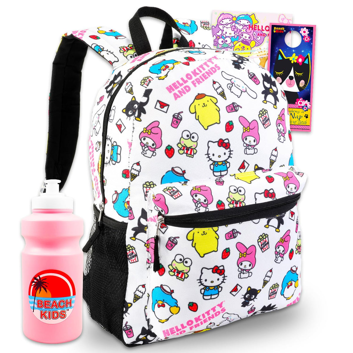 Sanrio Backpack Featuring Tuxedo Sam, My Melody, Badtz-Maru - Bundle with 16â€ White Sanrio School Backpack Plus Water Bottle, Tattoos, More | Hello Kitty and Friends School Bag