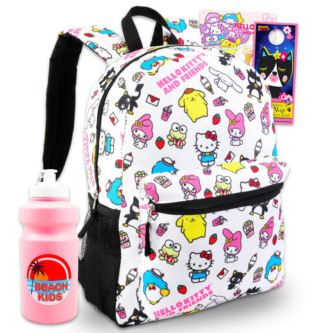 Sanrio Backpack Featuring Tuxedo Sam, My Melody, Badtz-Maru - Bundle with 16â€ White Sanrio School Backpack Plus Water Bottle, Tattoos, More | Hello Kitty and Friends School Bag