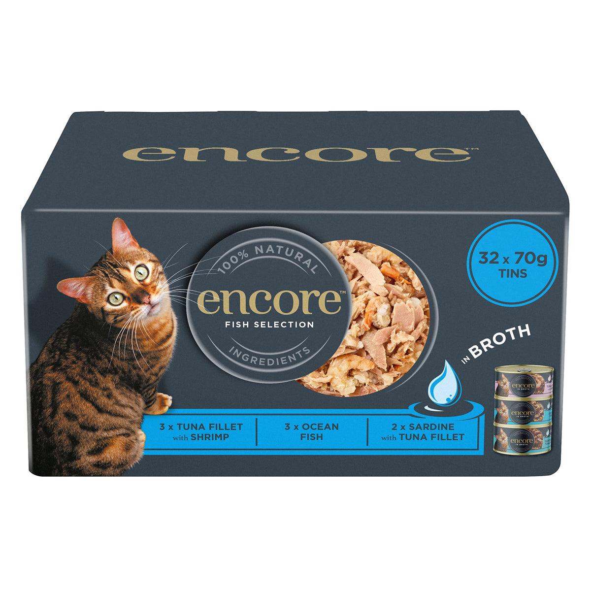 Encore 100% Natural Wet Cat Food Multipack Fish Selection, 70g Tins (Pack of 32)