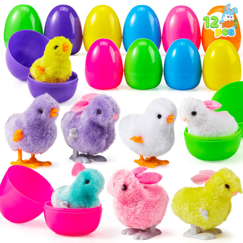 JOYIN 12 Pcs Filled Easter Eggs with Wind Up Chick Bunny Toys, Easter Eggs Clockwork Jumping Rabbits Chicken for Kids Toys Gift Easter Egg Hunt Basket Stuffer Filler Party Favors