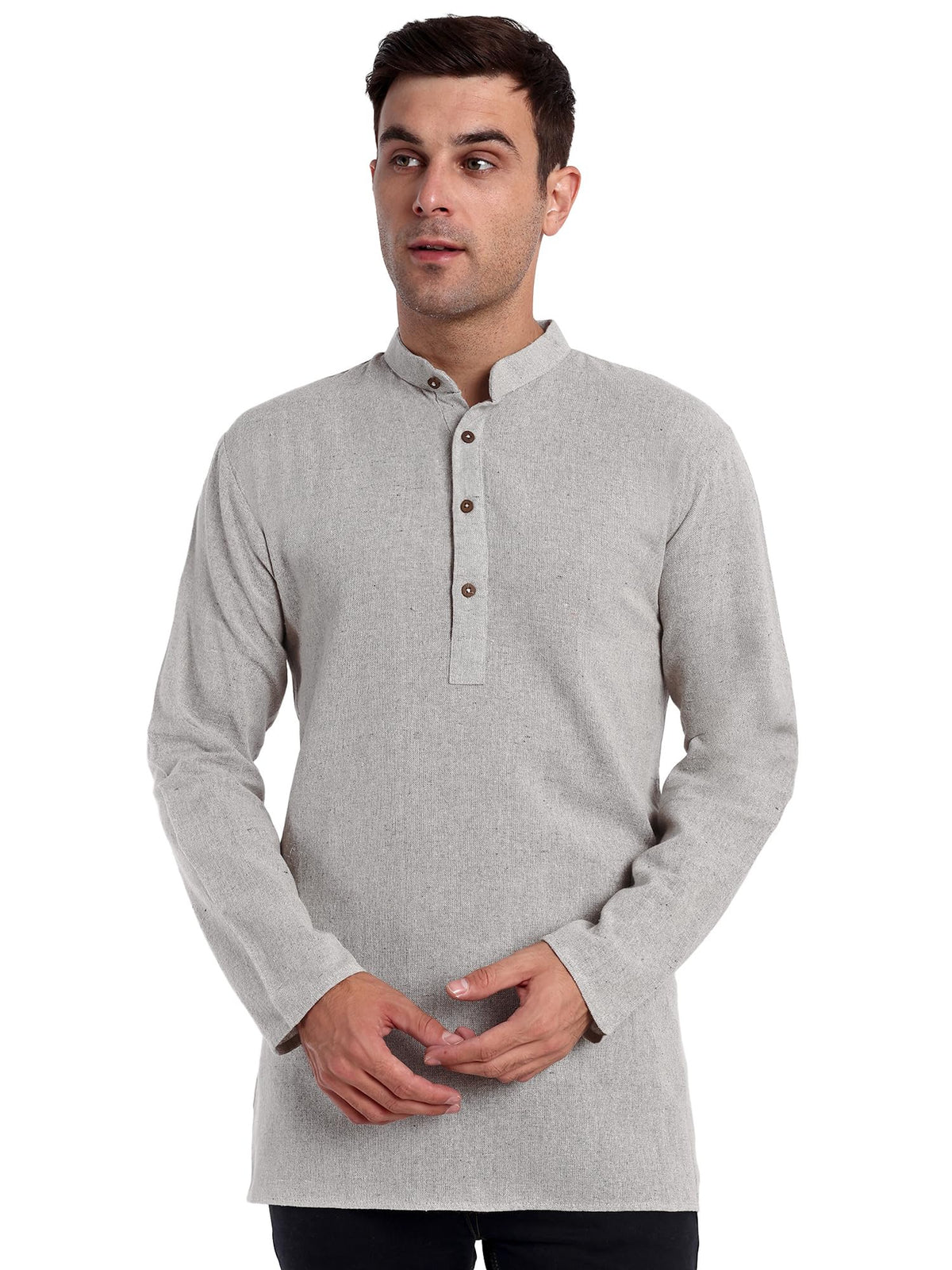 SKAVIJ Men's Cotton Henley Shirt Long Sleeve Kurta Hippie Casual Beach T Shirts (Medium, Grey)