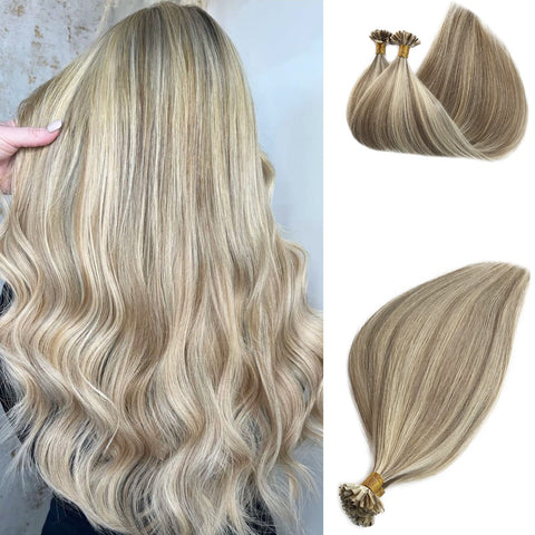 Highlighes U Tip Extensions Human Hair for Women,Hair Extensions Nail Tip Hair Extensions Ash Blonde Highlighed Bleach Blonde Keratin Tip Hair Extensions Real Human Hair 14Inch 50g/50s(18P613)