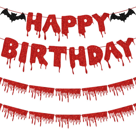 3 Pieces Bloody Birthday Banner Red Glittery Happy Birthday Banner Scary Bloody Banner Red Blood Drop Garland for Vampire Zombie Themed Birthday Party Horror Party Decorations Supplies
