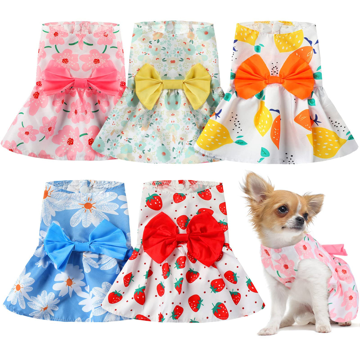 5 Pieces Dog Clothes Girl Dog Dresses Floral Puppy Dresses Pet Cat Princess Bowknot Clothes Cute Puppy Summer Outfits for Yorkie Female Cat Pets, 5 Styles(Cute Style,Medium)