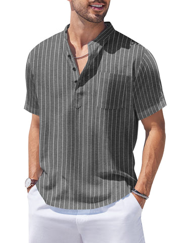 COOFANDY Men's Cotton Linen Henley Shirt Short Sleeve Striped Casual Beach T-Shirts Banded Collar Beach Tops