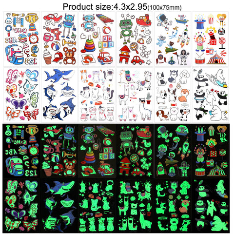Temporary Tattoos for Kids, Konsait 197pcs Glow In The Dark Mixed Style Cartoon Tattoo, Luminous Butterfly Shark Monster Sweet Tattoos for Boys Girls Birthday Back to School Party Favors