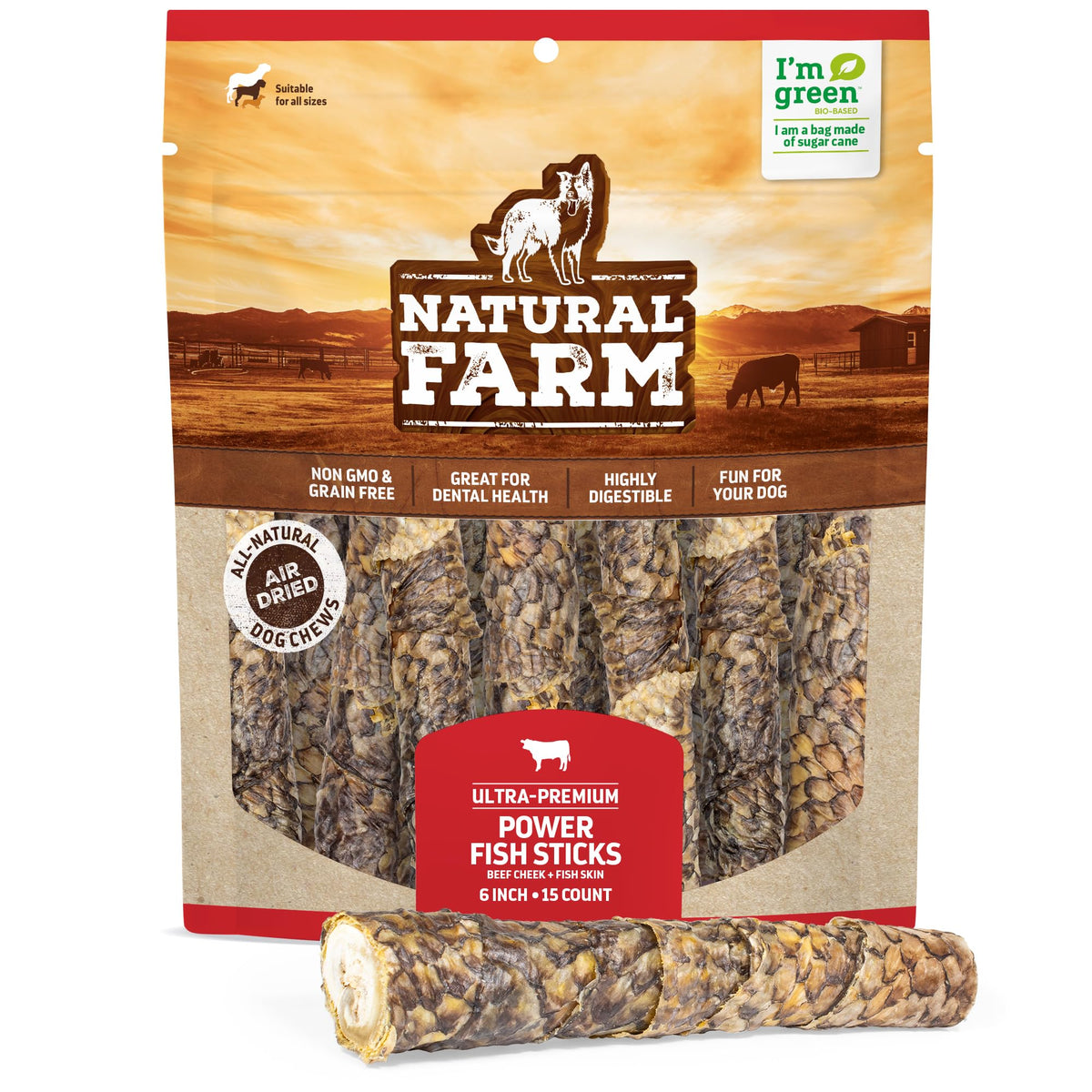 Natural Farm Power Fish Sticks Dog Chews (6ÃƒÆ’Ã‚Â¢ÃƒÂ¢Ã¢â‚¬Å¡Ã‚Â¬Ãƒâ€šÃ‚Â, 15-Pack), 2-in-1 Power Chews: Premium Beef Cheek Wrapped in Crunchy Tilapia Skin, Rich in Omega 3s, Long Lasting Protein Chew with Health Benefits