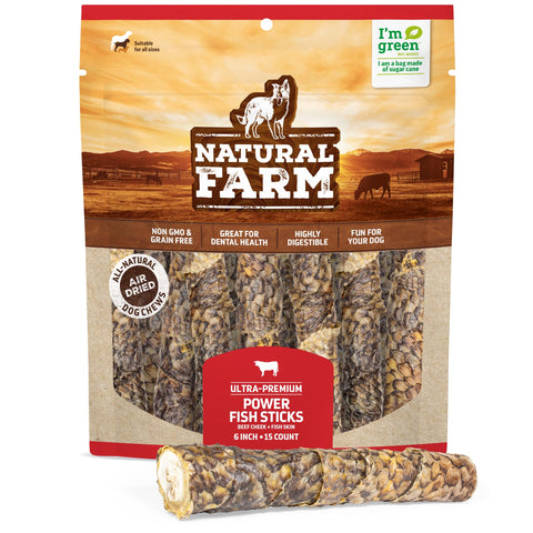 Natural Farm Power Fish Sticks Dog Chews (6ÃƒÆ’Ã‚Â¢ÃƒÂ¢Ã¢â‚¬Å¡Ã‚Â¬Ãƒâ€šÃ‚Â, 15-Pack), 2-in-1 Power Chews: Premium Beef Cheek Wrapped in Crunchy Tilapia Skin, Rich in Omega 3s, Long Lasting Protein Chew with Health Benefits