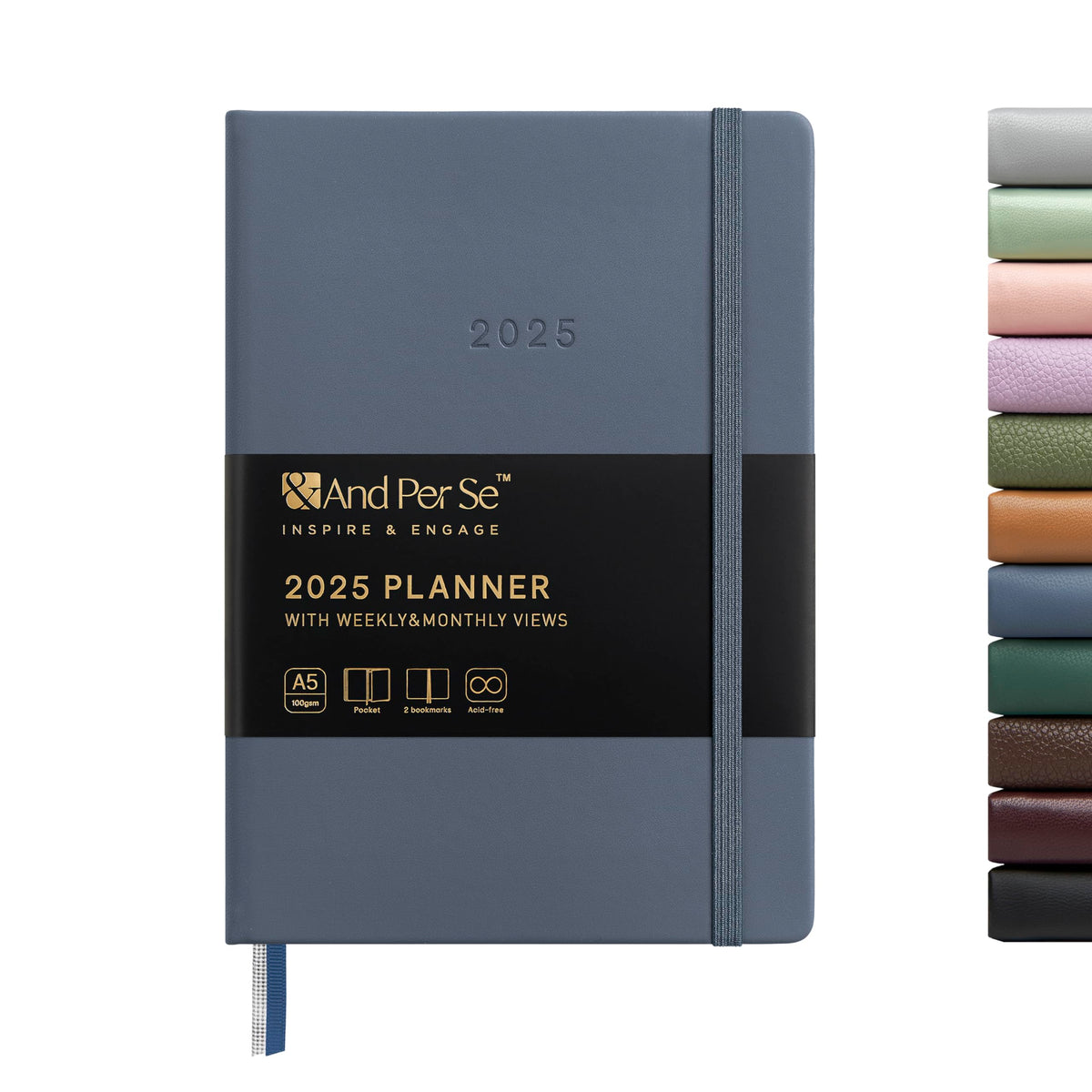 And Per Se 2025 Planner-Daily, Weekly & Monthly Hardcover Planner, 5.7" x 8", Daily Schedule, Monthly Tabs, 100 GSM Thick Paper, Leather Cover, Back Pocket?A5 Size(Blue)