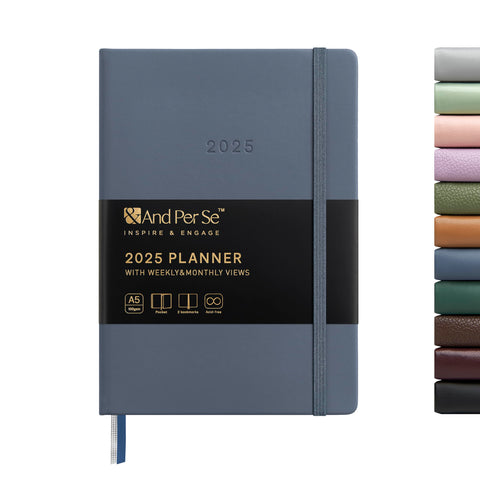 And Per Se 2025 Planner-Daily, Weekly & Monthly Hardcover Planner, 5.7" x 8", Daily Schedule, Monthly Tabs, 100 GSM Thick Paper, Leather Cover, Back Pocket?A5 Size(Blue)
