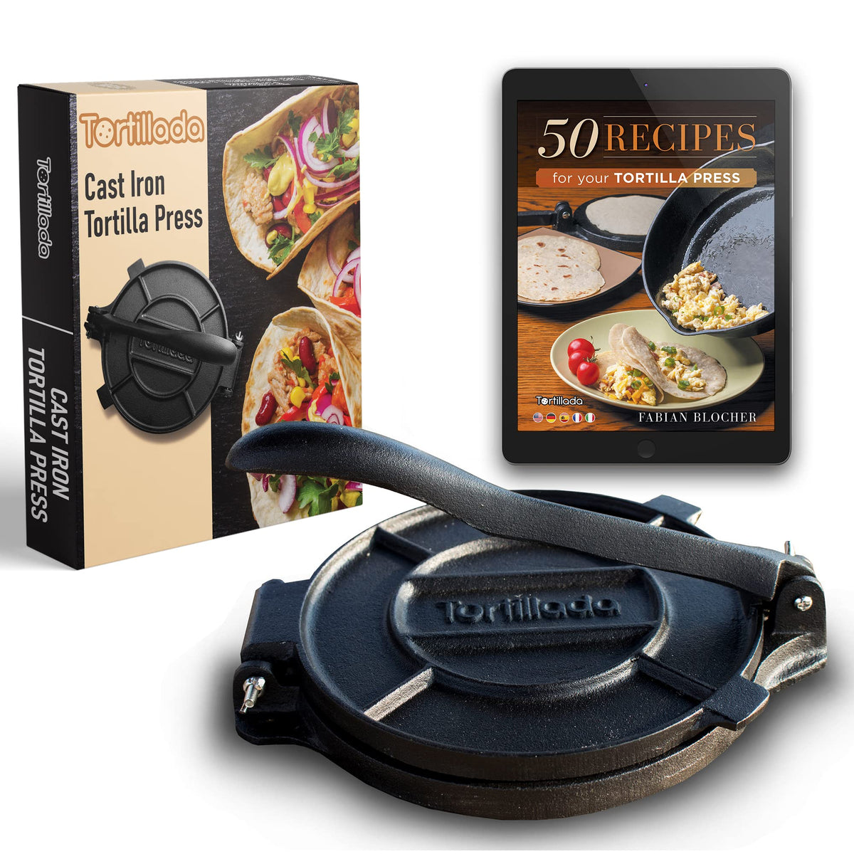 Tortillada - Tortilla Press, Quesadilla/Roti Maker (20 cm) Cast Iron with Recipes E-Book "50 Tortilla Recipes"