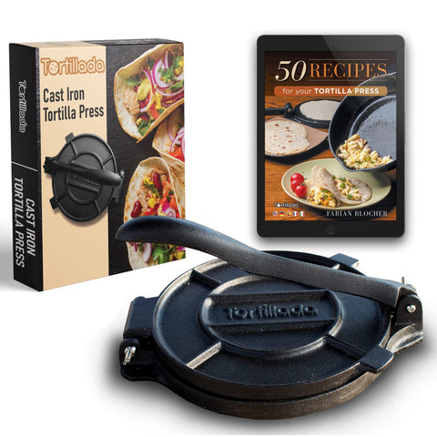 Tortillada - Tortilla Press, Quesadilla/Roti Maker (20 cm) Cast Iron with Recipes E-Book "50 Tortilla Recipes"