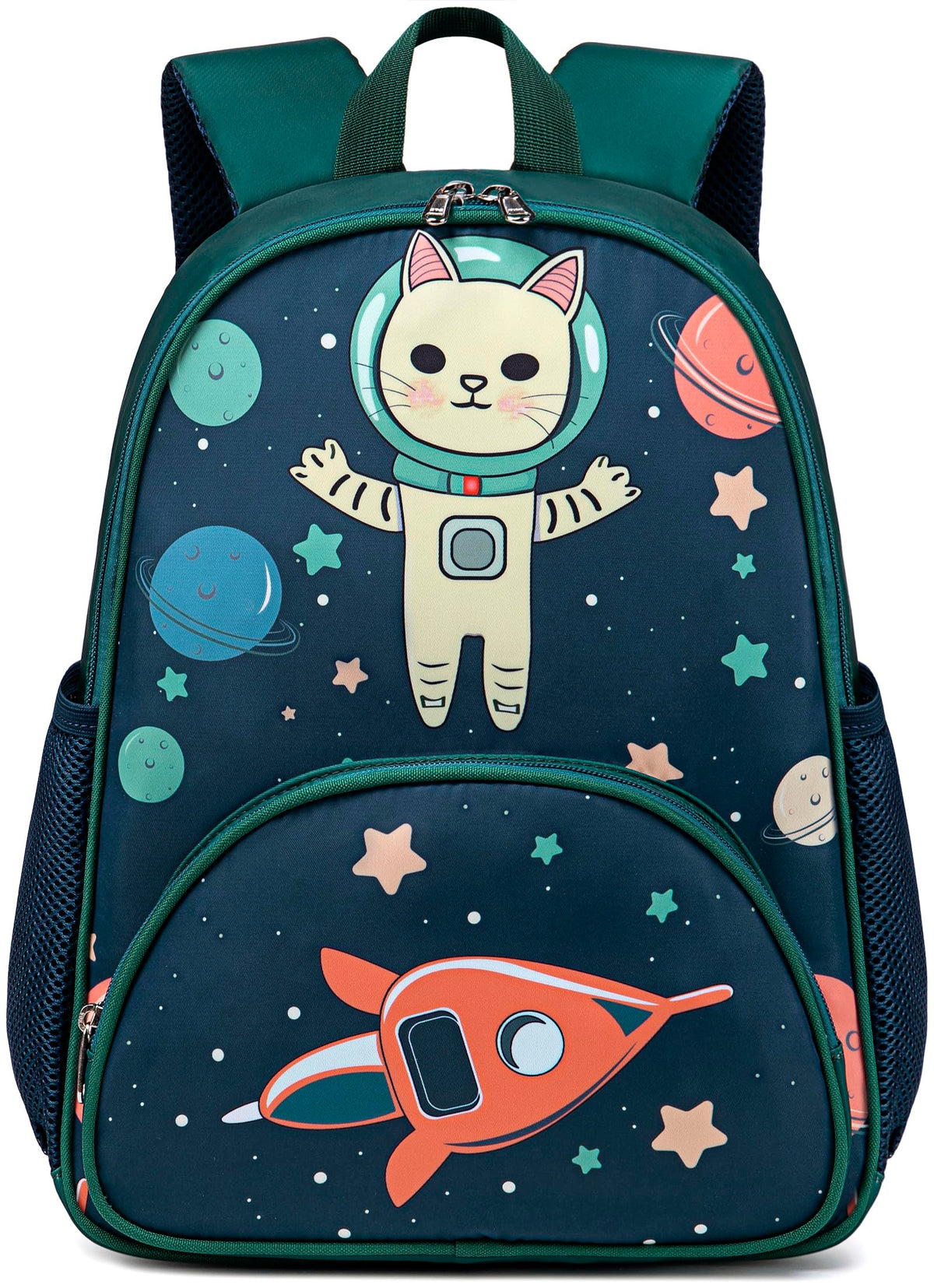 BTOOP Kids Backpack for Preschool Boys Space Kindergarten Bookbag 15 inch Toddler Travel School Bag Fits Age 3-8 (Space cat-Green)