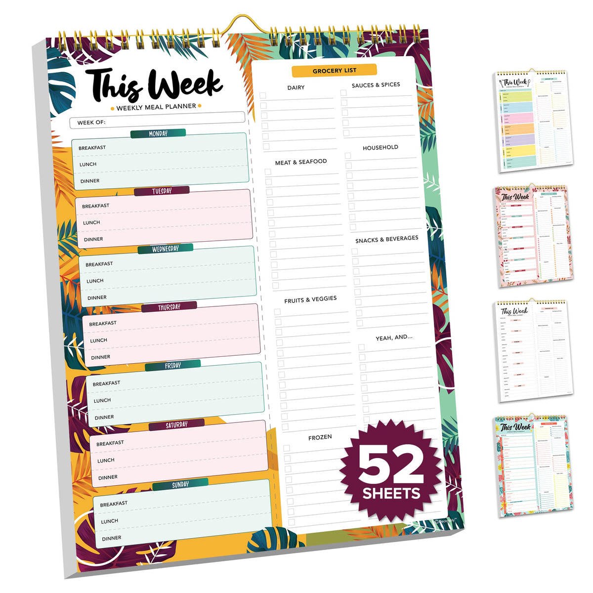 Decorably Weekly Meal Planner with Grocery List Detailed - Weekly Meal Planner Notepad - 52 Easy Tear-Off Sheets Meal Planner and Grocery List, 8.5x11" Spring-Bound Meal Planner Magnetic Meal Planner