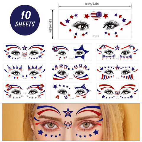 HOWAF 4th of July Face Tattoo Stickers,10Pcs USA Independence Day Facial Makeup Sticker Face Eye Tattoos Patriotic Fake Tattoos Supplies Waterproof Red White and Blue Party Tattoo Stickers USA America Flag Sticker Holiday Fake Tattoos