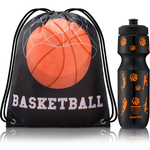 Talltalk 2 Pcs Basketball Party Favors 24 oz Basketball Water Bottle Gift for Basketball Team with Drawstring Bag Basketball Tumbler Cup Sports Themed Accessories for Events Gift Supplies