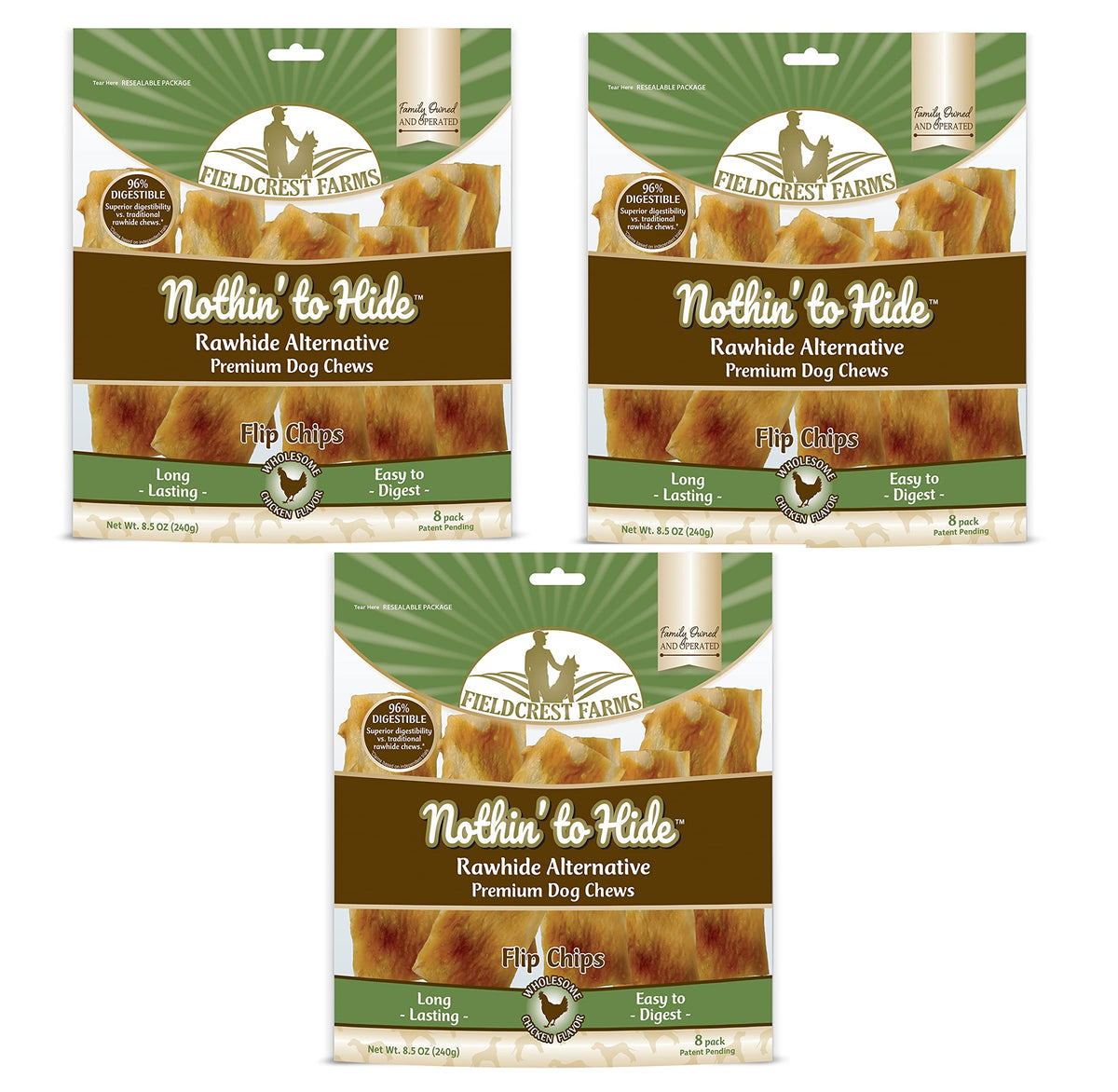 Fieldcrest Farms Nothin to Hide Flip Chips Dog Chews - All Natural Rawhide Alternative Treats for Dogs, Chicken, Beef or Peanut Butter Flavor Snack for All Breed Dogs - 3 Pack (Chicken)