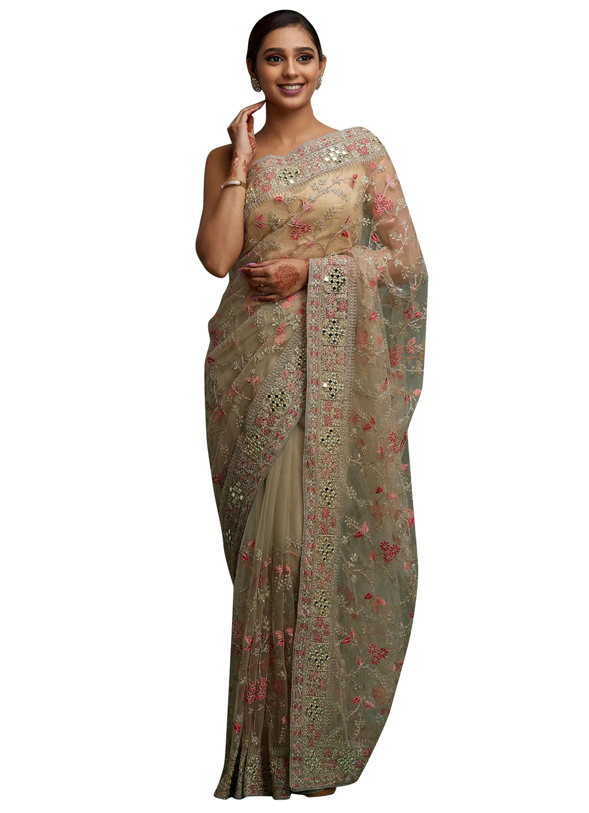 TRENDMALLS Women's Net Embroidery Mirror work Saree with Unstitch Blouse Piece (K1051-PistaGreen)