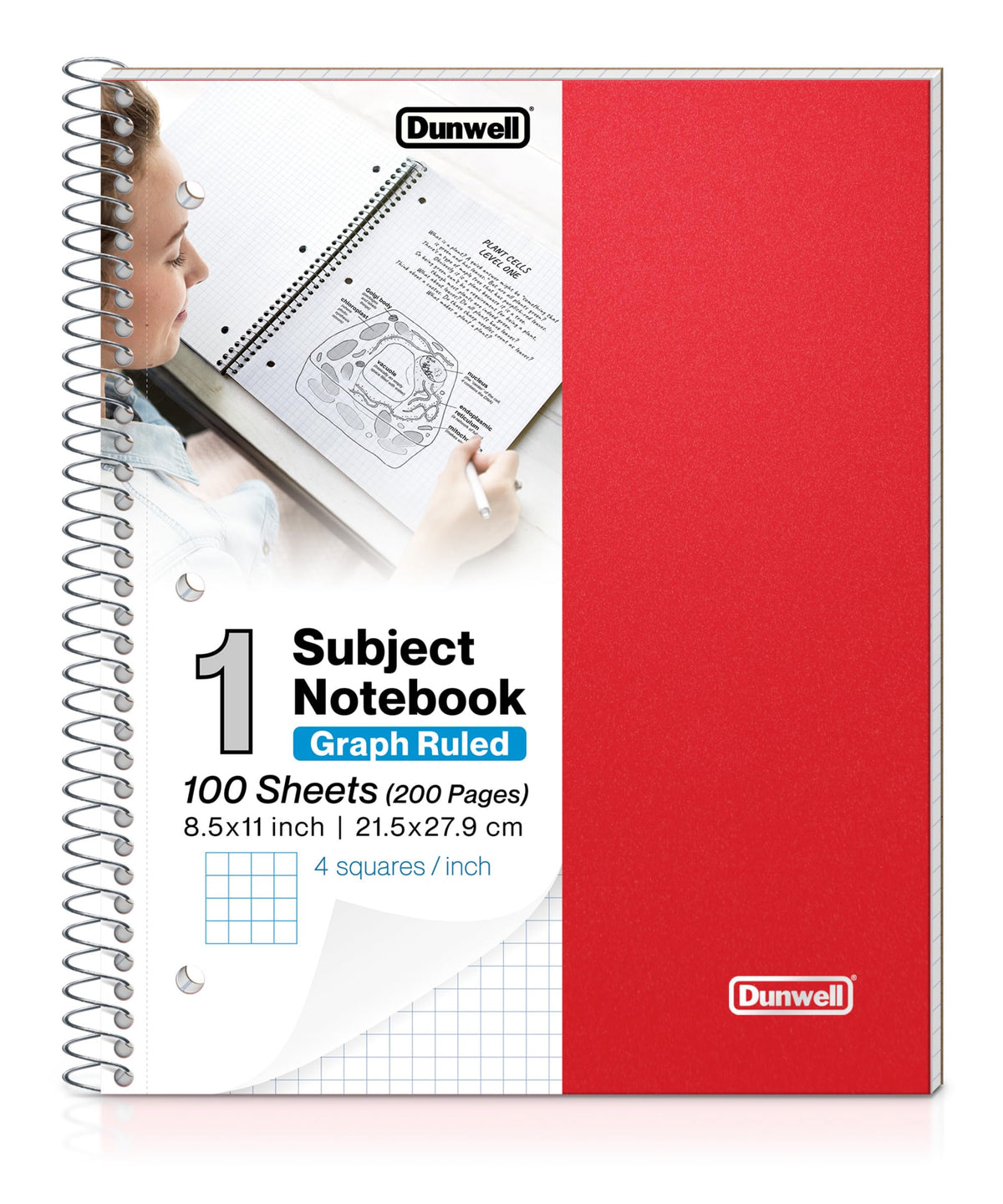 Dunwell Graph Ruled Notebook 4x4 (Red) Plastic Cover, 100 Sheets, 1 Subject Graph Paper Notebook 8.5 x 11, 1/4 In Grid Graphing Notebook, Graph Paper Spiral Notebook, Durable Poly Divider with Pockets