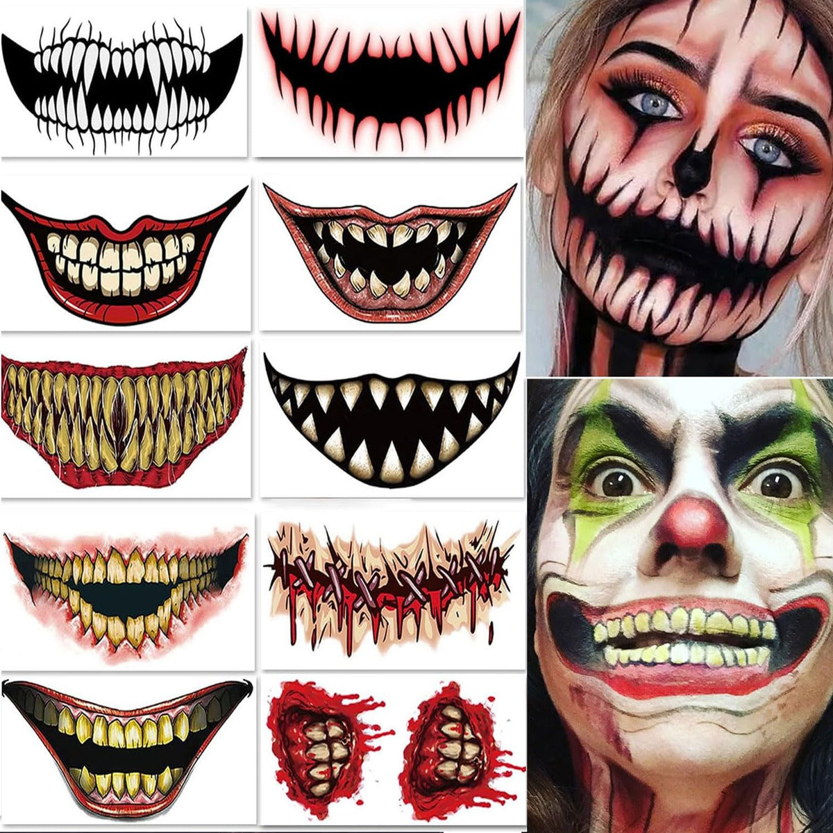 Halloween Face Tattoo Stickers Red and Black Mouth Temporary ticker Tattoo Decal Clown Horror Mouth Face Tattoo Sticker Halloween Prank Makeup Prank Props for Halloween Cosplay Party 10sheets