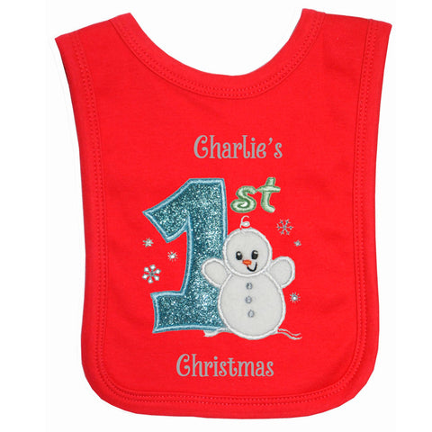 Oh Sew Simple Boys Baby Snowman Personalised 1st Christmas Bib - Embroidered with the name of your choice (11 Letters Max) (Red Bib)