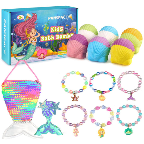Bath Bombs for Kids with Surprise Inside, 6 PCS Natural Organic Bath Bombs for Girls & Toddlers Aged 3-12, Bath Fizzers Gift Set with Mermaid Bracelets Hair Clip Jewelry Bag for Birthday Christmas