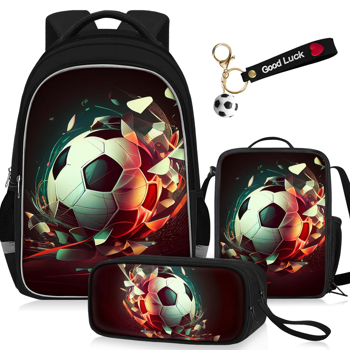 School Backpack For Boys - 4pcs Soccer s Boys Backpack With Lunch Box And Pencil Case For Kids Children Teens Elementary Middle School - Boys Backpacks Ages 6-18?17? Sports Bookbag Travel Back Pack