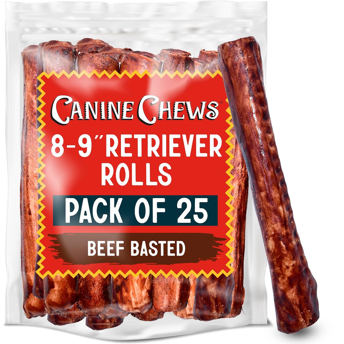 Canine Chews 8-9" Beef Basted Rawhide Bones for Large Dogs (25 Pack) - Hand-Rolled Dog Rawhide Chews Basted in Beef Broth - Beef Dog Rawhide Bones Promotes Dental Health - Hand-Rolled in Beef Broth